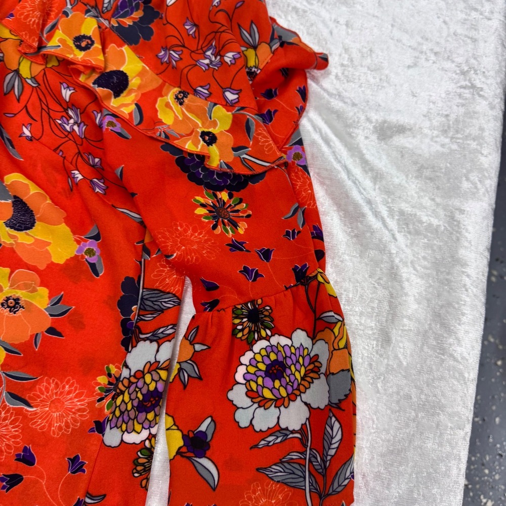 Sunny Leigh Blouse Womens XL Orange Floral Ruffle Bell Sleeve Round Neck Top - Picture 6 of 10